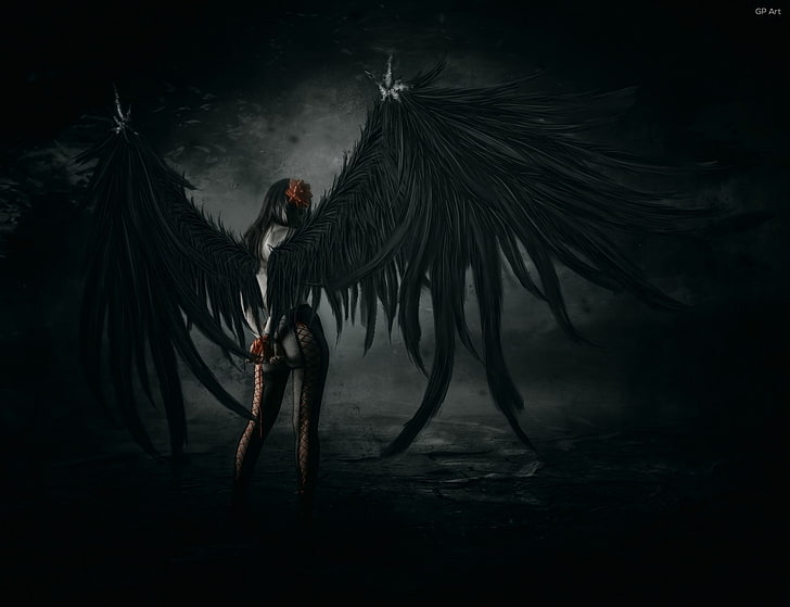 character with black wings wallpaper, girl, pose, art, tights, HD wallpaper