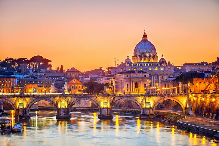 gray arc bridge, the city, Rome, famous Place, architecture, river, HD wallpaper