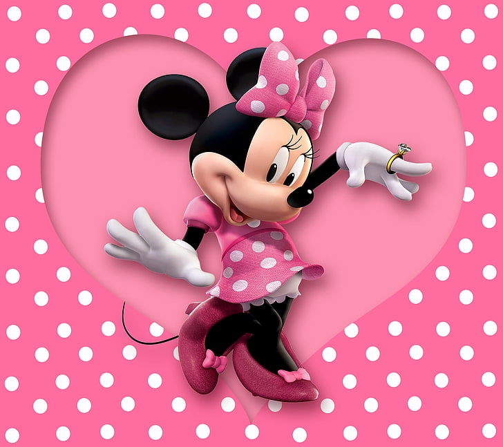Minnie Mouse illustration, heart, pink, cartoon, disney, polka dots, HD wallpaper