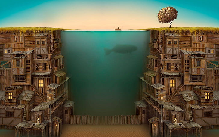 Creative design, house, underwater, boat, fence, HD wallpaper