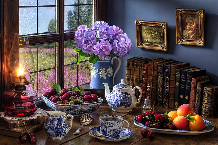 Photography, Still Life, Book, Bowl, Fruit, Hydrangea, Lamp, HD wallpaper