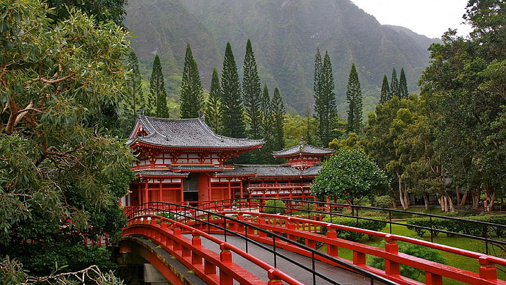 japan temple, bridge, nature, mountains, byodo-in temple, valley of the temples