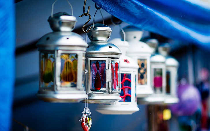 lantern, decorations, stained glass, lamp, macro, blue flames