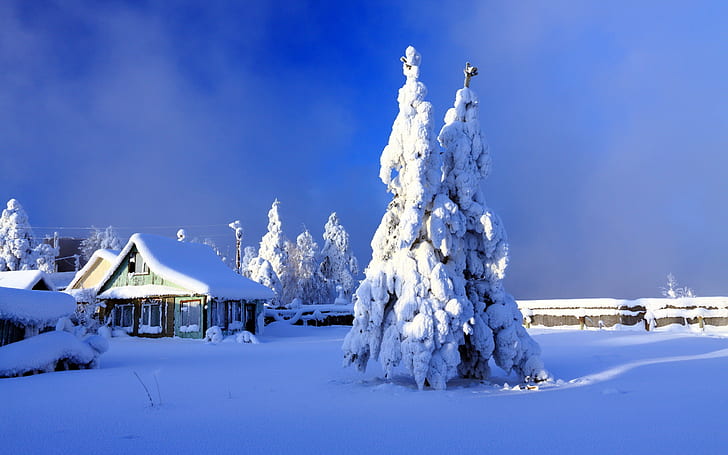 landscape, snow, cabin, HD wallpaper