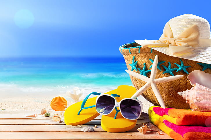 sand, sea, beach, summer, star, vacation, hat, glasses, shell, HD wallpaper