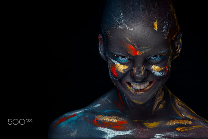Volodymyr Melnyk, face, teeth, colorful, dark, body paint, women