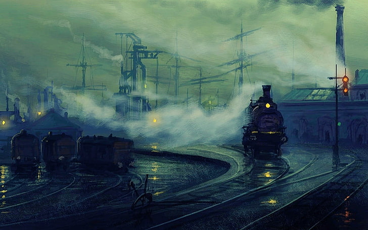 train on rail illustration, artwork, Lionel Walden, dock, painting, HD wallpaper