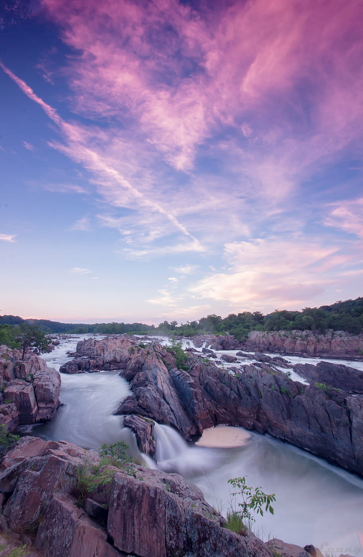 landscape photography of waterfalls under clear sky during daytime, great falls, great falls