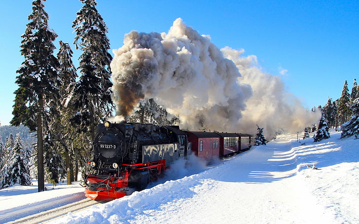 nature, winter, snow, shadow, train, steam locomotive, trees