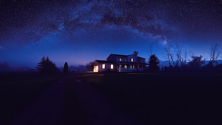silhouette of house, night, stars, sky, lights, blue, star - space, HD wallpaper