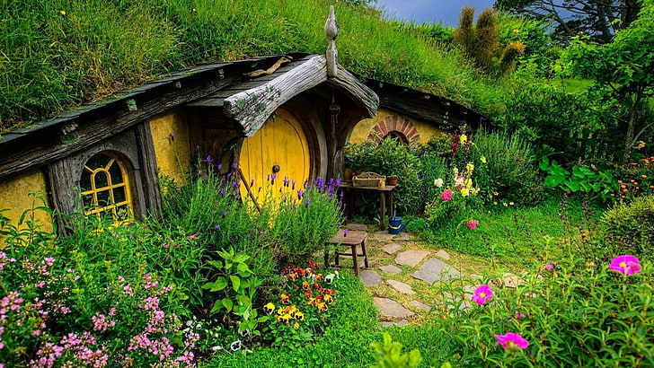 The Hobbit wallpaper, nature, landscape, house, New Zealand, Hobbiton, HD wallpaper