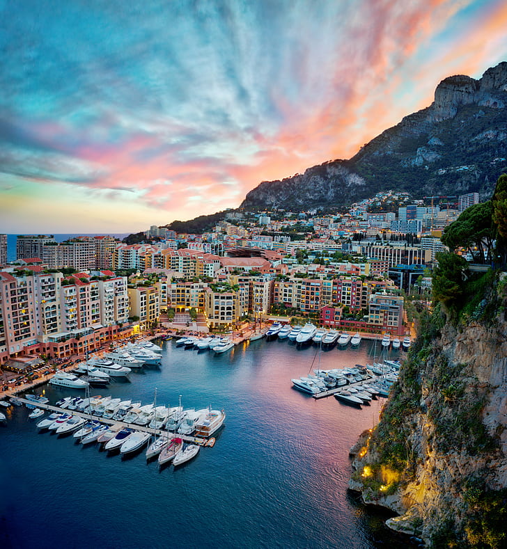 aerial photography of high rise building near boats and mountain at daytime, monte carlo, monte carlo