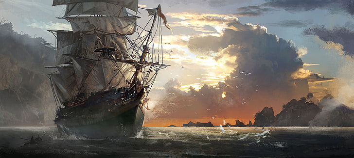 white and gray ship painting, artwork, sailing ship, Assassin's Creed: Black Flag