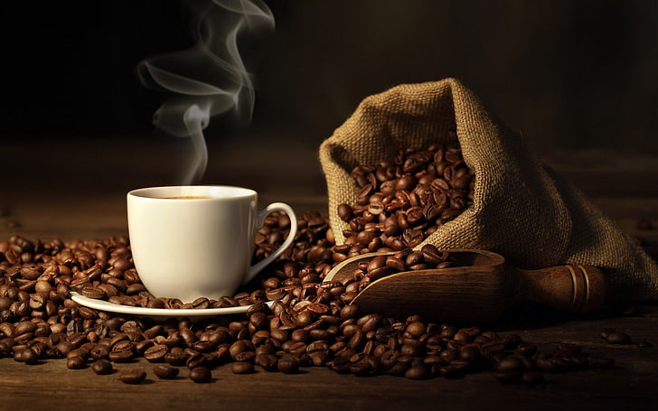 coffee, cup, smoke, sack, food and drink, roasted coffee bean, HD wallpaper