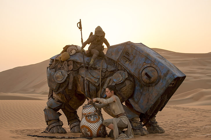 woman and elephant photo, Star Wars: The Force Awakens, Rey, Daisy Ridley, HD wallpaper