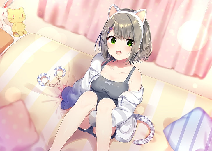 HD wallpaper: (chibi21), animal, bed, blush, catgirl, com, ears
