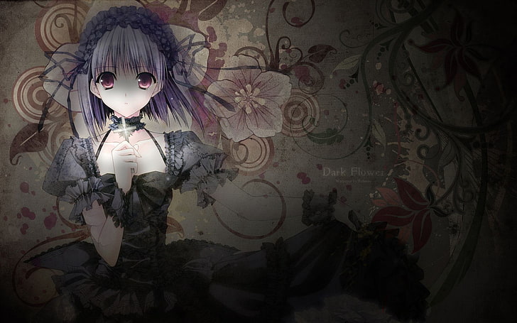Dark Flowers wallpaper, anime, lavender, purple eyes, purple hair, HD wallpaper