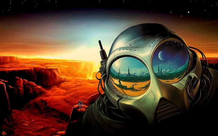 alien digital wallpaper, suits, space, planet, science fiction