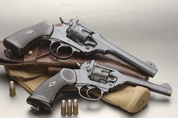 two gray revolvers, cartridges, holster, 2 pieces, Webley &amp; Scott Mark IV