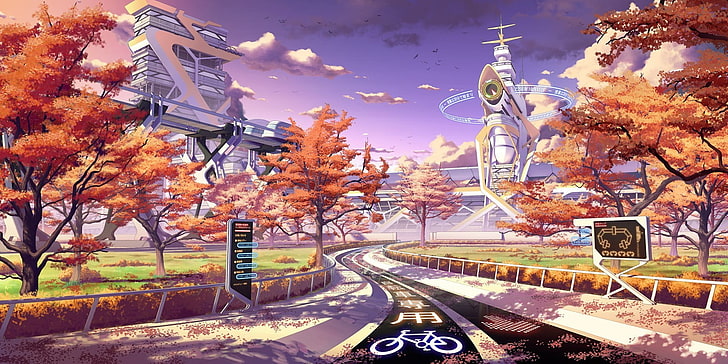 brown trees illustration, anime bicycle lane with orange sky illustration, HD wallpaper