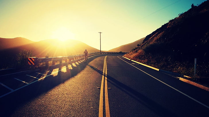 black asphalt road, sunlight, biker, landscape, transportation, HD wallpaper