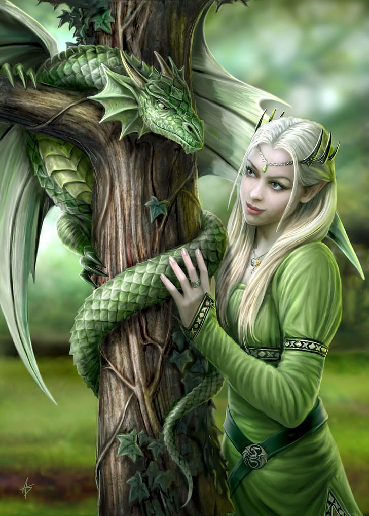 Anne Stokes, Blonde, branch, dragon, elves, fantasy Art, green Dress
