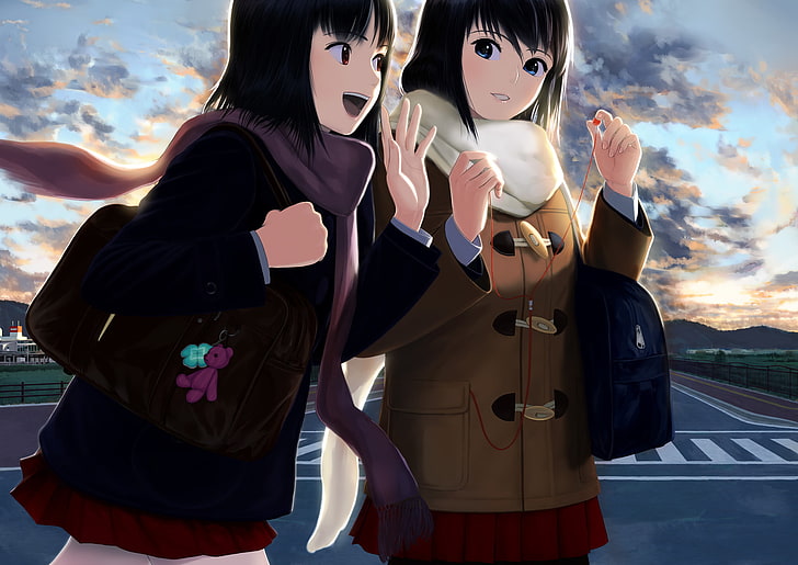 HD wallpaper: school girls, talking, scarf, clouds, Anime, sky, three  quarter length | Wallpaper Flare