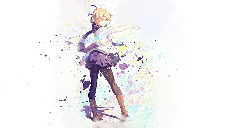 woman in white top and purple skirt wallpaper, Saber, Fate Series