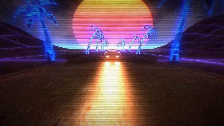 flat screen monitor, New Retro Wave, synthwave, 1980s, neon, car
