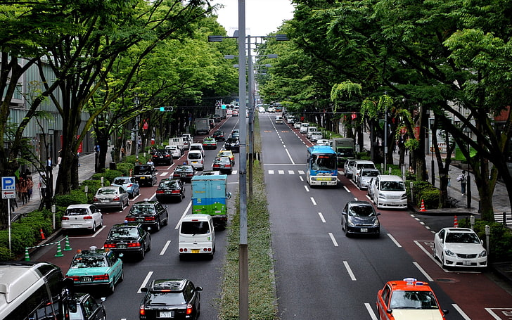 white sedan, tokyo, japan, street, city, cars, traffic, urban Scene