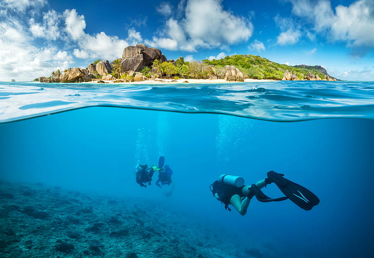 landscape scuba underwater coral wetsuit blurred diving suits island pacific ocean summer split view