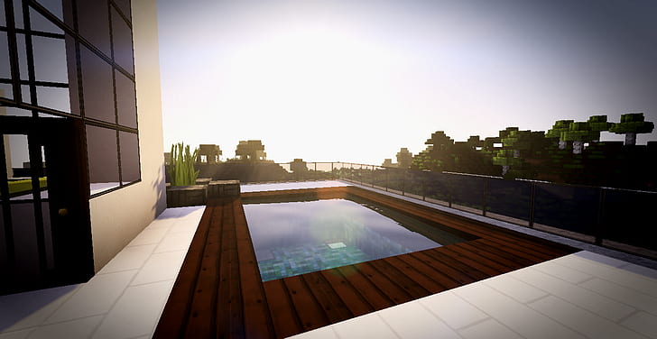 Minecraft, landscape, swimming pool, HD wallpaper