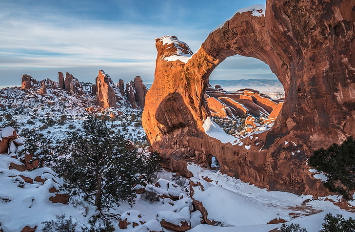 Double Arch, Snow, United States, Utah, View, Nature, Landscape