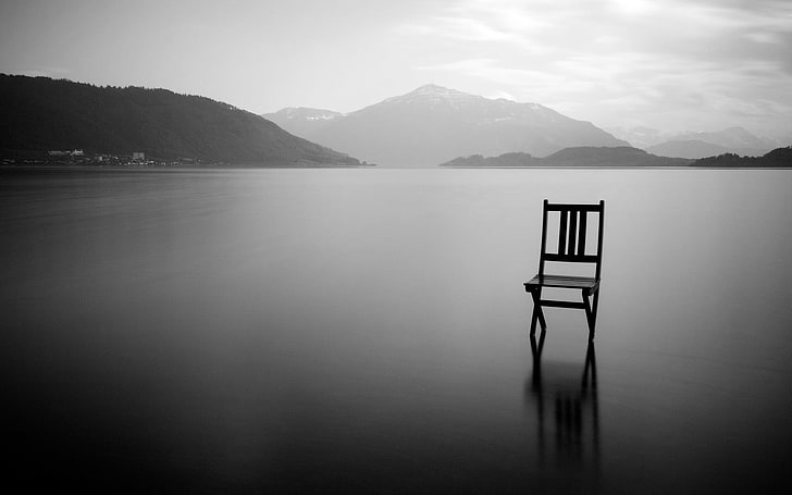 silhouette chair on top of lake, monochrome, ice, mountain, water, HD wallpaper