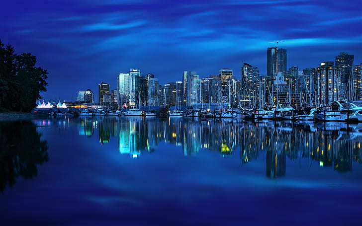 Vancouver, British Columbia, Canada, reflection, night city, yachts, HD wallpaper