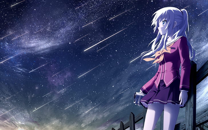 night, anime, Charlotte (anime), stars, Tomori Nao, school uniform