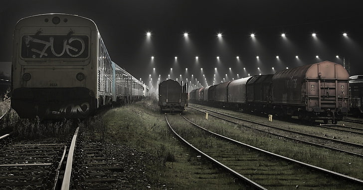 Denmark, landscape, Lights, mist, Rail Yard, Railway, technology