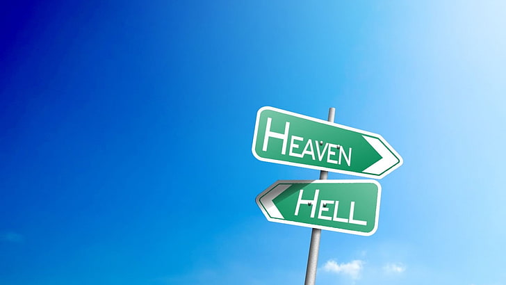 heaven, hell, road, sign