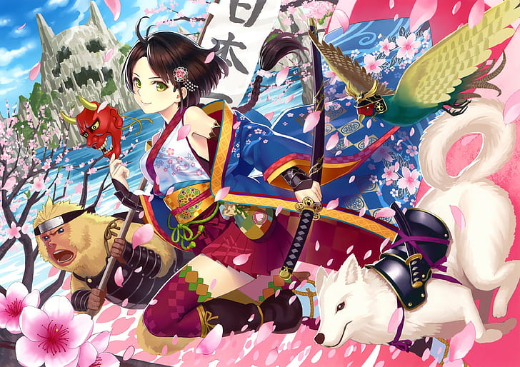 anime, anime girls, sword, weapon, katana, cherry blossom, animals, HD wallpaper