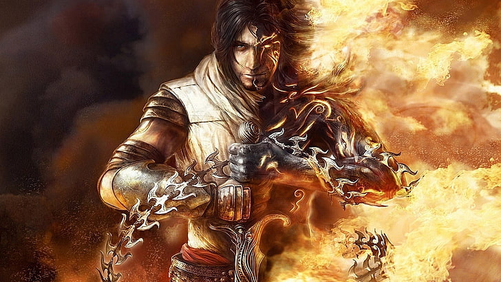swordsman wallpaper, fantasy art, hero, men, fire, armor, video games, HD wallpaper