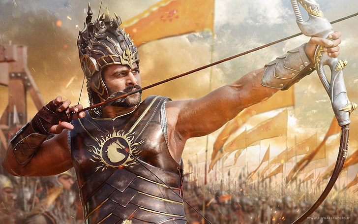 Baahubali Prabhas, one person, adult, waist up, weapon, the past