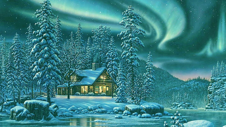 polar lights, house, chalet, night, starry night, snowy, frost