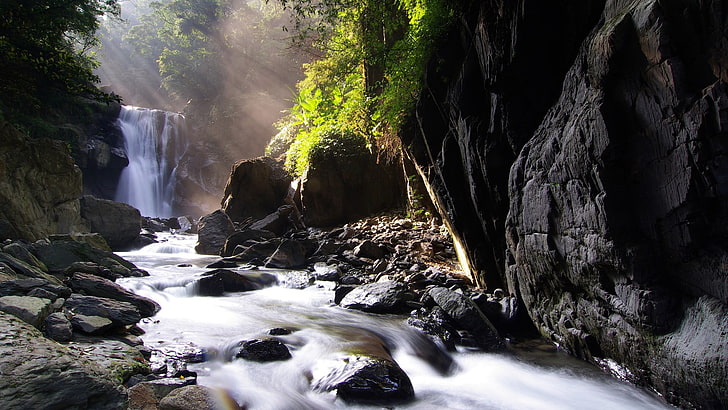 river and gray rocks, landscape, water, waterfall, nature, sun rays, HD wallpaper