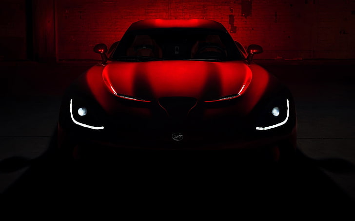 red vehicle, roof, darkness, lights, the hood, Dodge, supercar
