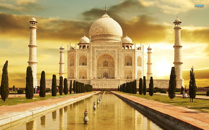 Taj Mahal, India, palace, architecture, trees, dome, built structure
