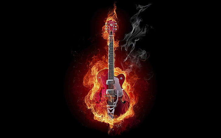 flaming jazz guitar digital wallpaper, smoke, Fire, music, musical Instrument