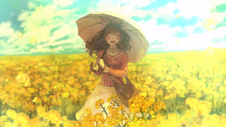 anime, anime girls, umbrella, original characters, yellow, field, HD wallpaper