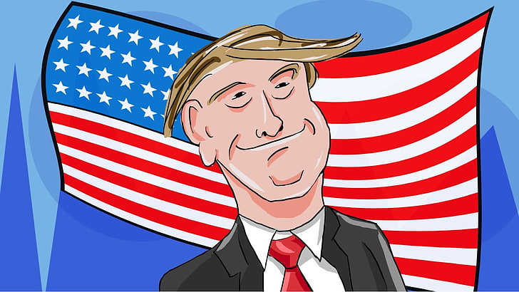 Donald Trump, cartoon, caricature, presidents, American flag, HD wallpaper