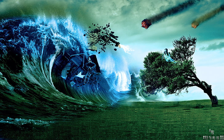 sea wave illustration, trees, waves, digital art, motion, water, HD wallpaper