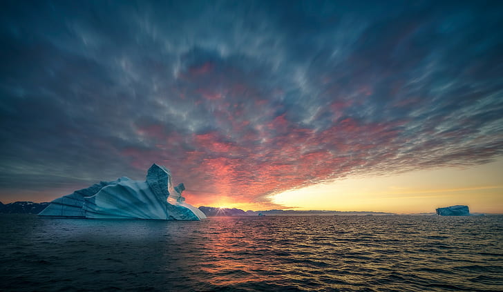 landscape, ice, clouds, sea, iceberg, waves, water, sunset